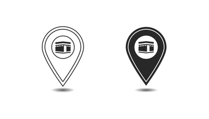 This is a location pin icon with a drawing of the Kaaba inside it. It marks the direction or position of the holy site in Mecca.