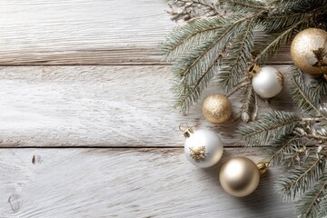 Elegant white and gold Christmas ornaments with pine branches on wooden background