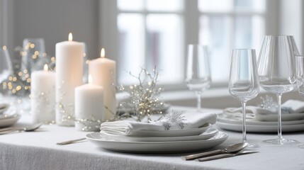 Elegant white Christmas table setting with fine china, silver cutlery, white candles, snowflake napkins, crystal glassware, light grey tablecloth, soft natural lighting, minimal golden accents, luxury