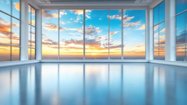 Empty, modern room with panoramic windows displaying a sunset sky reflecting