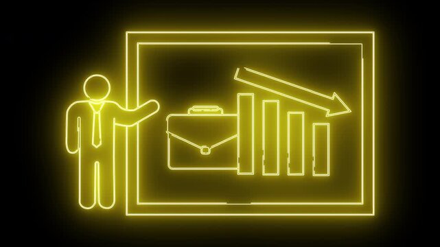 A neon yellow business presentation depicts a man briefcase declining chart on a black background