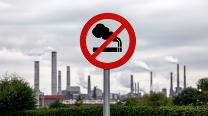 Industrial pollution warning sign with factory background in clouds