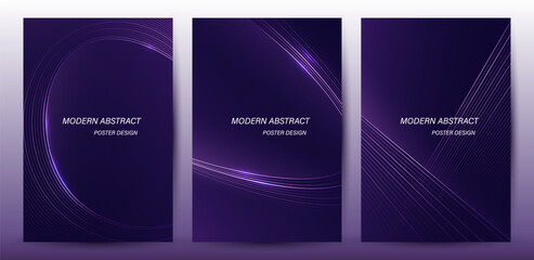 Modern Poster Set, Abstract Purple Curve Lines With Glowing Light On Dark Blue Background