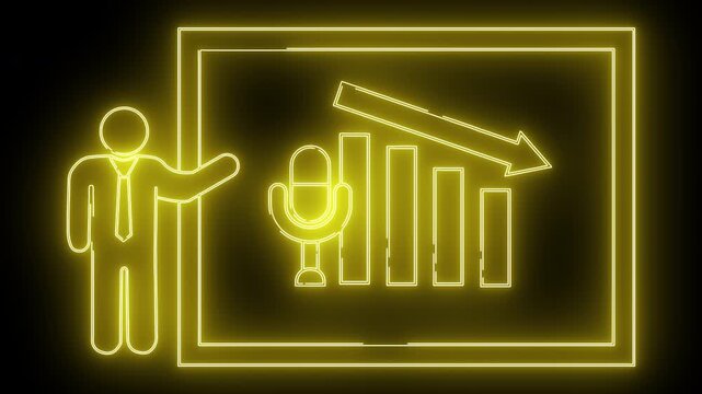 A neon sign shows a presenter pointing to a chart with downward arrow and decreasing bars microphone below chart
