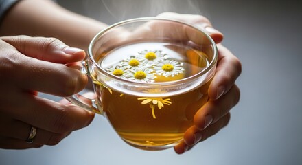 Close up of hands holding a clear glass mug filled with warm chamomile tea adorned with fresh chamomile flowers and a subtle golden hue