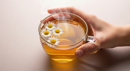 Close up overhead view of a person s hand holding a clear glass mug filled with golden chamomile tea adorned with fresh daisy flowers