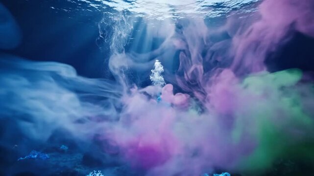Vibrant Colorful Ink Clouds Swirl and Bloom in a Magical Deep Sea World with Glowing Coral.