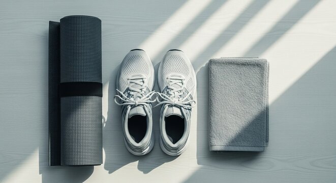 Flat lay of a rolled yoga mat a pair of white athletic shoes and a folded grey towel arranged on a white surface with natural light and shadow patterns