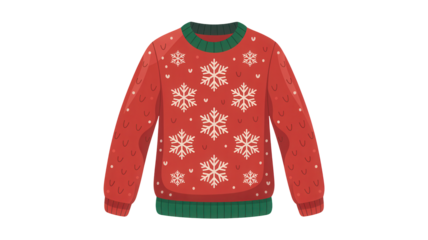 Cozy festive red sweater adorned with charming white snowflakes and playful green accents perfect for holiday celebrations and winter fashion themes