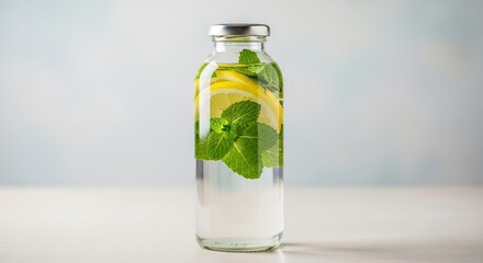 A tall clear glass bottle filled with refreshing water infused with slices of lemon and fresh green mint leaves