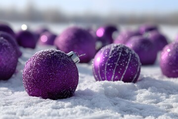 Vibrant Purple Glitter Christmas Ball and Striped Ornament Lying on Bright White Frozen Snow Surface in Winter Sun