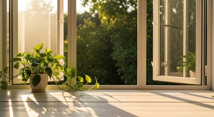 Warm golden sunlight streams through an open window illuminating a potted plant and casting long shadows across a wooden windowsill
