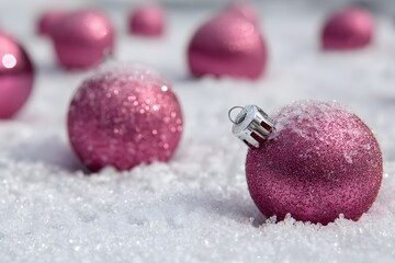 Close up of Vibrant Pink Glitter Christmas Ornament Lying on Fresh White Snow Covered with Tiny Ice Crystals and Soft Bokeh