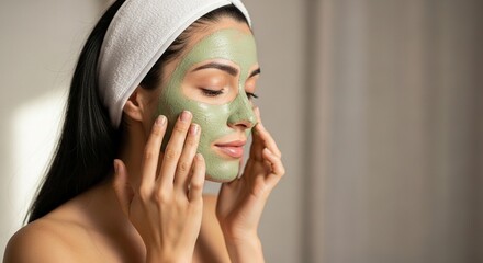 Young woman with a green clay mask on her face applying it with her fingers wearing a white towel on her head enjoying a spa treatment at home