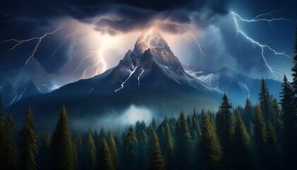 a dramatic lightning bolt illuminates a towering mountain peak shrouded in clouds surrounded by dense pine trees