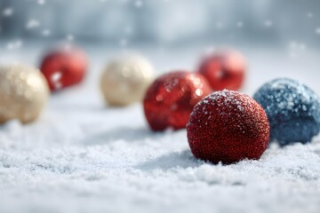 Glittery Red and Gold Christmas Balls on Snowy White Surface with Bokeh and Sparkling Winter Snowfall