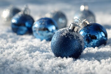 Deep Blue Glitter Christmas Ornament in Focus Surrounded by Reflective Blue Balls Lying on Fresh Cold Winter Snow