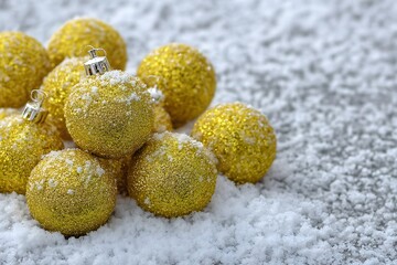 Pile of Glittering Gold Christmas Balls Covered in Snow on a Rough Frozen White Winter Surface with Copy Space