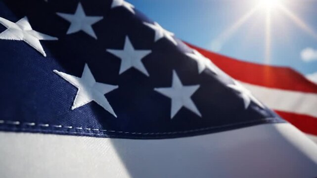 American Flag Waving in Sunlight: Patriotic, Close-Up, Blue Sky