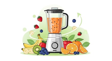 A white blender filled with a vibrant orange smoothie surrounded by fresh fruits like strawberries blueberries kiwi oranges and bananas on a light background