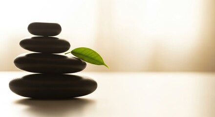 Serene stack of smooth dark stones balanced perfectly with a single green leaf symbolizing harmony and tranquility in soft natural light