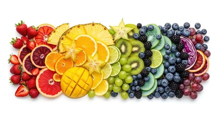 Vibrant rainbow of freshly sliced fruits arranged artfully on a white background displaying a healthy assortment of nature s sweetness