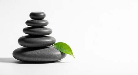 A perfectly balanced stack of smooth dark grey spa stones with a single vibrant green leaf resting against the side on a clean white background symbolizing zen tranquility and harmony