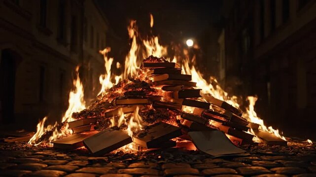 A large stack of old books engulfed in flames burns on a cobblestone street at night.