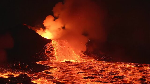 Fiery Volcano Eruption: Molten Lava Flows and Ash Plumes Ignite the Night Sky in Dramatic Display