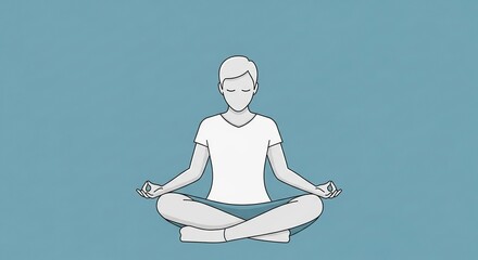 Serene person meditating in lotus pose with hands in gyan mudra on a calm blue background symbolizing inner peace and mindfulness