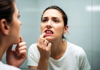 Woman looking at her red bleeding gums