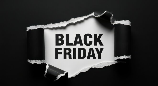 Black friday text revealed through torn black paper, highlighting a major shopping event and discount