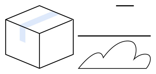Box sealed with tape, cloud silhouette, and simple lines evoke shipping, storage, logistics, cloud computing, connection, simplicity organization and creativity themes. Ideal for simple flat