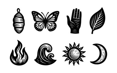 Black and white nature symbols featuring butterfly, leaf, and elements