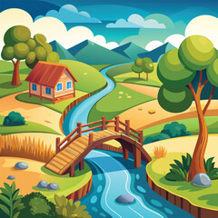 Cartoon countryside landscape with house, trees, river and bridge cartoon