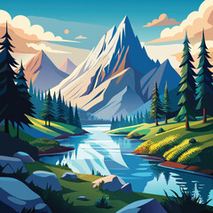 Mountain River Landscape with Pine Trees and Calm Waterscape View