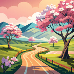 Scenic road through cherry blossoms with mountains in the distance