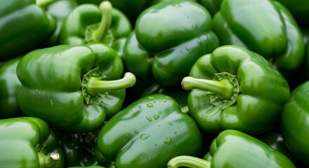 A close-up view of fresh green bell peppers piled together, showing their smooth, shiny surfaces and vibrant green color.