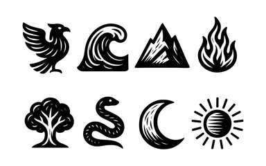 Nature elements emblems with mythical bird and celestial symbols in monochrome design