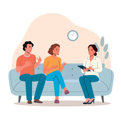 Family psychologist talks to a married couple on the sofa. Psychological consultation. Vector flat style illustration