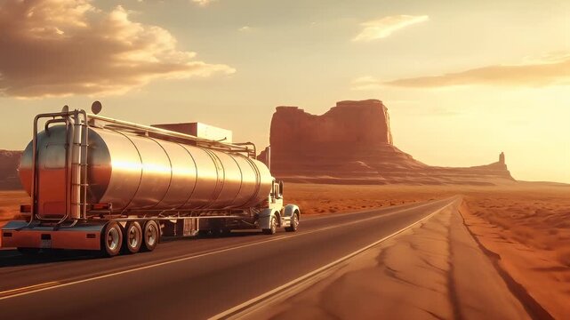 A vivid, highresolution digital artwork depicting a large, metallic tanker truck on a desert road during sunset. The truck is painted in a gradient of orange and silver hues.