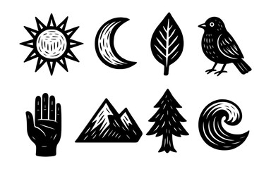 Nature and symbol icons in hand drawn black style: sun, moon, leaf, bird, hand, mountain, tree, wave