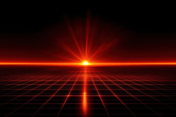 Fiery digital horizon with glowing grid and radiant sunburst effect