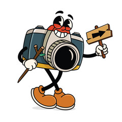 Obraz premium Funny Cartoon Camera Mascot Holding Arrow Sign