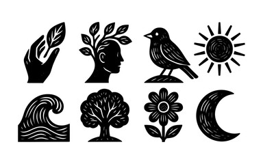 Minimalist nature icons: sun, moon, and more in black silhouette style