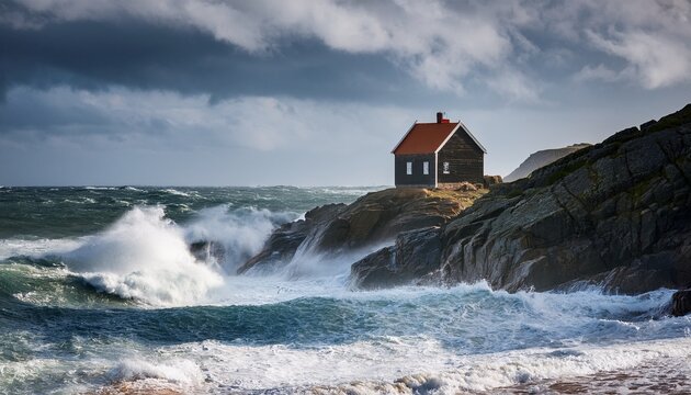 a rugged cottage stands resilient against the relentless force of crashing waves in a stormy coastal landscape