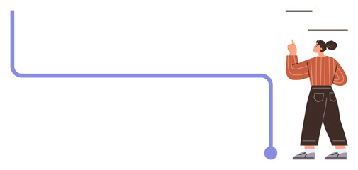 Woman in casual attire pointing toward a segmented layout with a purple line guiding focus. Ideal for presentations, workflow, creativity, planning, education, teamwork, problem-solving. A simple