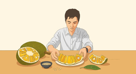 Man Preparing Luscious Jackfruit Slices, Showcasing Fresh Produce, Artistic Illustration
