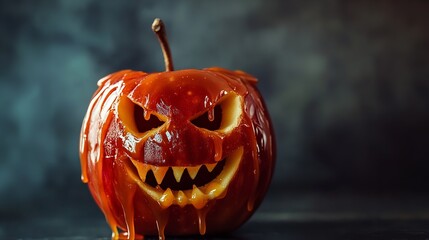 Creepy caramel apple carved with a menacing jackolantern face, a perfect halloween treat for a spooky night