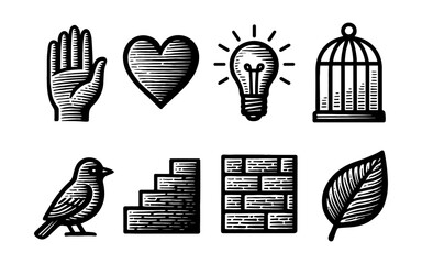 Vintage woodcut style icons of hand, heart, light bulb, cage, bird, stairs, brick wall, and leaf